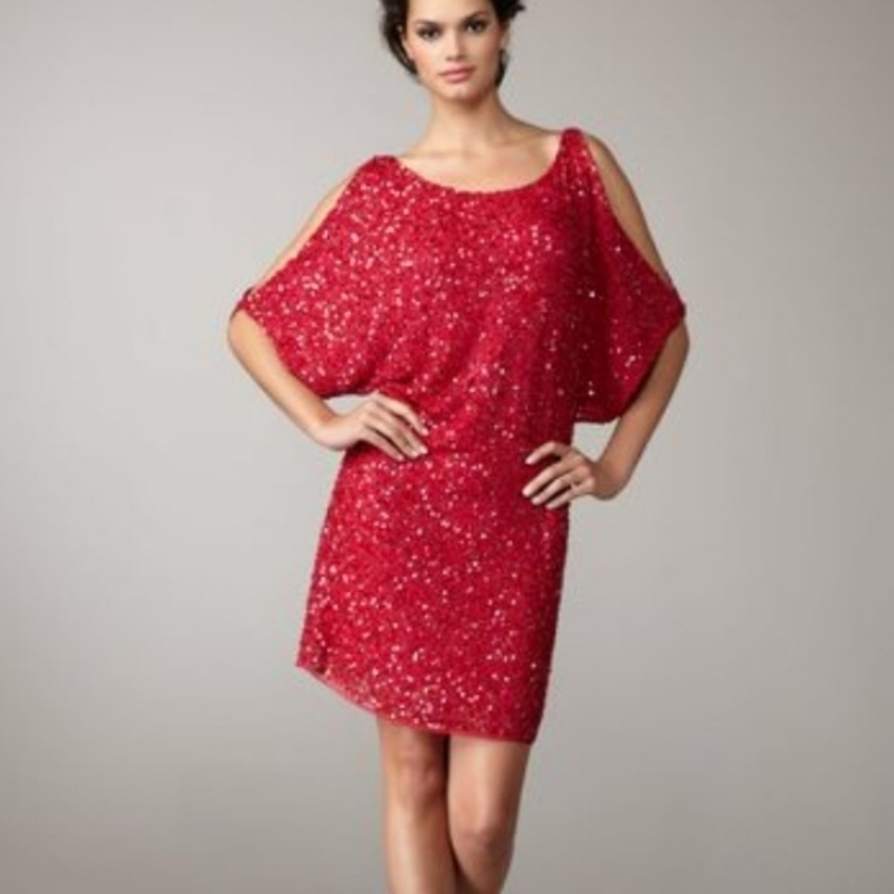 Aidan Mattox Red Fully Beaded Cold Shoulder Silk Mini Cocktail Dress